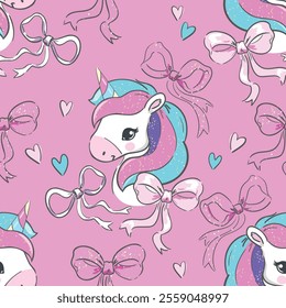 Seamless Pattern with Cute Unicorn and Bows Vector Illustration