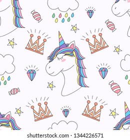 Seamless pattern cute unicorn cartoon hand drawn style.vector and illustration