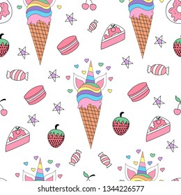 Seamless pattern cute unicorn cartoon hand drawn style.vector and illustration