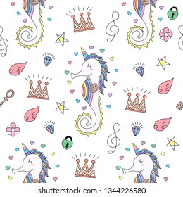 Seamless pattern cute unicorn cartoon hand drawn style.vector and illustration