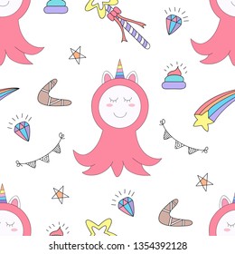 Seamless pattern cute unicorn cartoon hand drawn style.vector and illustration