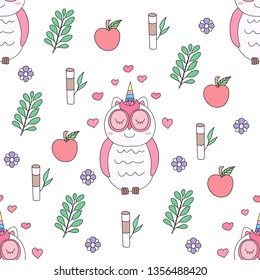 Seamless pattern cute unicorn cartoon hand drawn style.vector and illustration