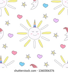 Seamless pattern cute unicorn cartoon hand drawn style.vector and illustration