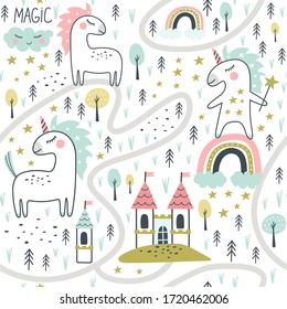 Patrón sin inconvenientes con unicornio y castillo. Ilustración del vector