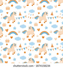 Seamless pattern with cute unicorn, clouds, rainbows, and gifts Bright cartoon illustration for textiles, paper, and Wallpaper for children's holiday decor.