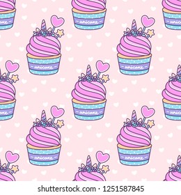 Seamless pattern with cute unicorn cupcake on a pink background with white heart. Unicake it's funny wordplay Unicorn and Cake. It can be used for packaging, wrapping paper, textile and etc.