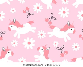 Seamless pattern with cute unicorn, daisy flower and cherry fruit on pink background vector. Cute childish print.