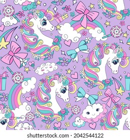 Seamless pattern with cute unicorn and different magic elements. Magic background with unicorns. Vector illustration in trendy colors. For design, print, decor, wallpaper, linen, dishes, textile.