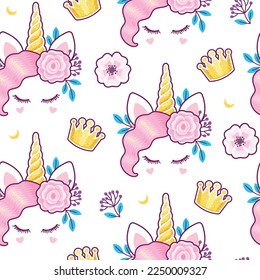 Seamless pattern with cute unicorn and flowers