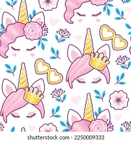 Patrón sin foco con unicornio lindo y flores