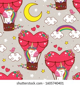 seamless pattern with cute unicorn is flying in a balloon - vector illustration, eps    