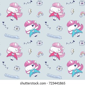 Seamless pattern, Cute unicorn girl cartoon with boho chic style on isolated background illustration vector.