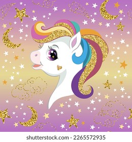 Seamless pattern with cute unicorn head and magic golden stars on a rainbow background. Vector illustration. For party, print, baby shower, wallpaper, design, decor, dishes, bed linen, apparel