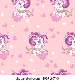 Seamless pattern with cute unicorn and hearts on pink background. Valentines day, Mothers day and love concept. Vector illustration for print, baby shower, wallpaper, design, decor and kids apparel