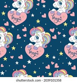 Seamless pattern with cute unicorn with hearts and stars. Magic background with unicorns. Vector illustration in trendy colors. For design, print, decor, wallpaper, linen, dishes, textile.