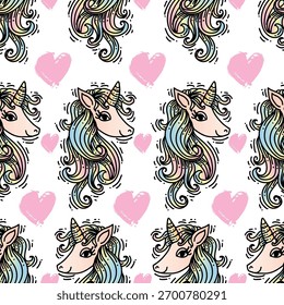Patrón sin fisuras con lindo unicornio y corazones. Ilustración vectorial.