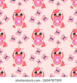 Seamless pattern with a cute unicorn holding a pink donut, surrounded by butterflies and flowers. Perfect for kids’ textiles, wrapping paper, stationery, and party decorations