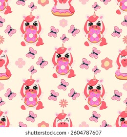 Seamless pattern with a cute unicorn holding a pink donut, surrounded by butterflies and flowers on a light background. Ideal for kids’ textiles, gift wrapping, invitations, and stationery
