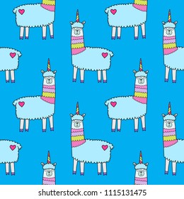 Seamless pattern with cute unicorn llamas. Lovely vector illustration, background design, good for textile, wrapping paper, packaging for children and adults.