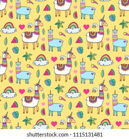 Seamless pattern with cute unicorn llamas. Lovely vector illustration, background design, good for textile, wrapping paper, packaging for children and adults.