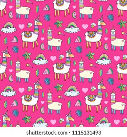 Seamless pattern with cute unicorn llamas. Lovely vector illustration, background design, good for textile, wrapping paper, packaging for children and adults.
