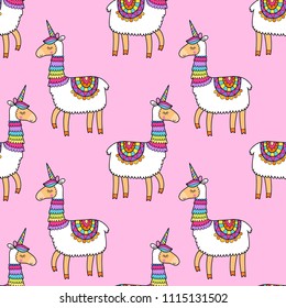 Seamless pattern with cute unicorn llamas. Lovely vector illustration, background design, good for textile, wrapping paper, packaging for children and adults.