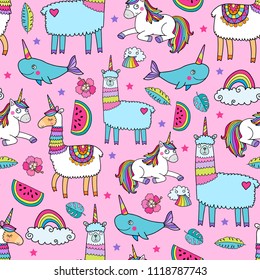 Seamless pattern with cute unicorn llamas. Lovely vector illustration, background design, good for textile, wrapping paper, packaging for children and adults.