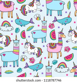 Seamless pattern with cute unicorn llamas. Lovely vector illustration, background design, good for textile, wrapping paper, packaging for children and adults.