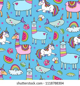 Seamless pattern with cute unicorn llamas. Lovely vector illustration, background design, good for textile, wrapping paper, packaging for children and adults.