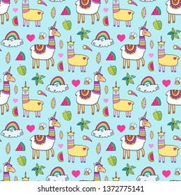Seamless pattern with cute unicorn llamas. Lovely vector illustration, background design, good for textile, wrapping paper, packaging for children and adults.