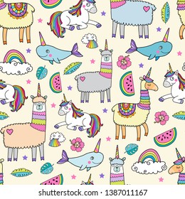 Seamless pattern with cute unicorn llamas. Lovely vector illustration, background design, good for textile, wrapping paper, packaging for children and adults.