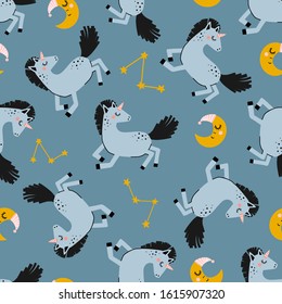 Seamless pattern with cute unicorn and night sky with stars and moon.Textile, wallpaper, wrapping paper design idea.