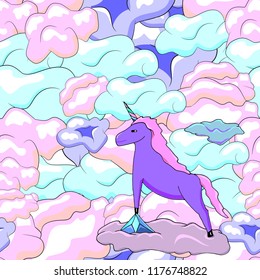 Seamless pattern with cute unicorn on a clouds. Vector illustration