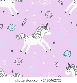 Seamless pattern with a cute unicorn on a pink background. Vector illustration. Cute baby background for girls. Cute cartoon-style unicorn in space in linear style