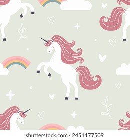 Seamless pattern with a cute unicorn on a colored background. Vector illustration for printing. Cute children's background. Birthday.