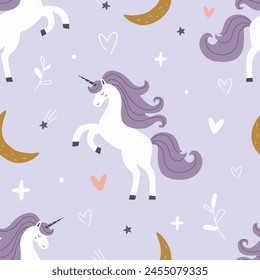 Seamless pattern with a cute unicorn on a colored background. Vector illustration for printing. Cute baby background for a girl.