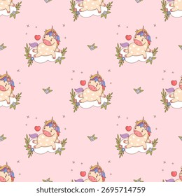 Padrão contínuo. Bela unicórnio na nuvem com flores sobre fundo rosa suave. Engraçado cavalo romântico Kawaii fantasia Animal. Ilustração vetorial. Coleção Kids. Não é IA