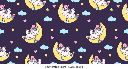 Seamless pattern Cute unicorn Pegasus sleep vector pony cartoon on moon holding cloud wand magic sleeping time for sweet dream. Kawaii animal illustrations: Series fairy tale characters horse flat.