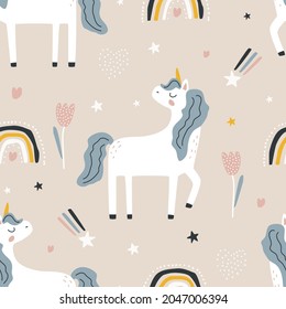 Seamless pattern with a cute unicorn and a rainbow on a colored background. Vector illustration on fabric, clothing, packaging paper. Cute children's background.