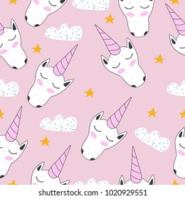 Seamless pattern. Cute. Unicorn. Scandinavian. Funny. Children's. Print, postcard. 