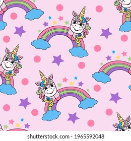 Seamless pattern with cute unicorn sitting on a rainbow on a pink background. 