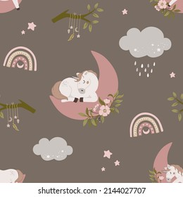 Patrón sin foco con unicornio lindo durmiendo en la luna con elementos florales. Hand dibujó cuerno mágico con arco iris y nubes. Ilustración vectorial celestial plana.