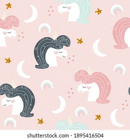 Seamless pattern with cute unicorn, stars and moon. Childish pastel print. Vector hand drawn illustration.