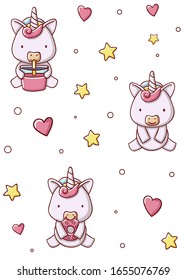 Patrón sin fin unicornio lindo dulce con estrellas y corazones caricatura kawaii mano plana dibujada en fondo azul diseño