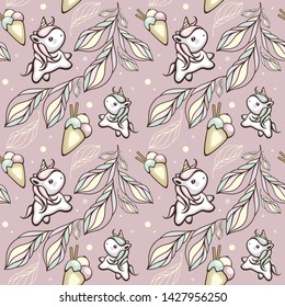 Seamless pattern with cute unicorn, tasty ice cream and tropical leaves. Summer vector illustration. Template for fabric and wrapping.