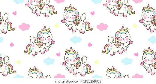 Seamless pattern Cute Unicorn vector pegasus holding magic wand fly on pastel sky with sweet cloud and heart pony cartoon kawaii animals background: Series fairy tale characters horse (flat Girly).