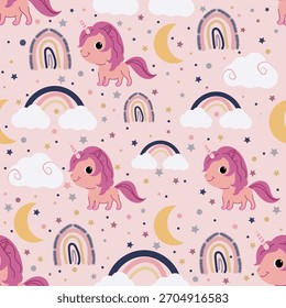 Nahtloses Muster mit niedlichem Einhorn, Wolken, Regenbogen, Mond und Sternen. Ein Element für Druck, Textur,
Stoff und Verpackung. Vektorgrafik