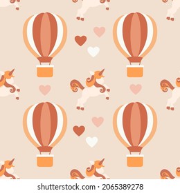 Seamless pattern cute unicorns  and air balloon in the sky. Childish seamless pattern with cute unicorn and air ballon. Vector illustration for party, print, baby shower,wallpaper,design, decor