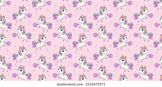 Seamless pattern of cute unicorns with a ball. The background is a magical pony with a golden horn. Can be used in printing, wallpaper, packaging, postcards, web design