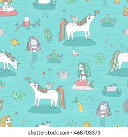 seamless pattern with cute unicorns, beautiful mermaids, funny cats with horns, magic fairy little people and owl sitting on the branch. mythical creatures on the pond.

